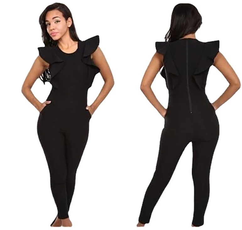 Popular AliExpress new one-piece, lotus leaf sleeves, slim-fitting solid-color bandages, tight nine-point jumpsuits