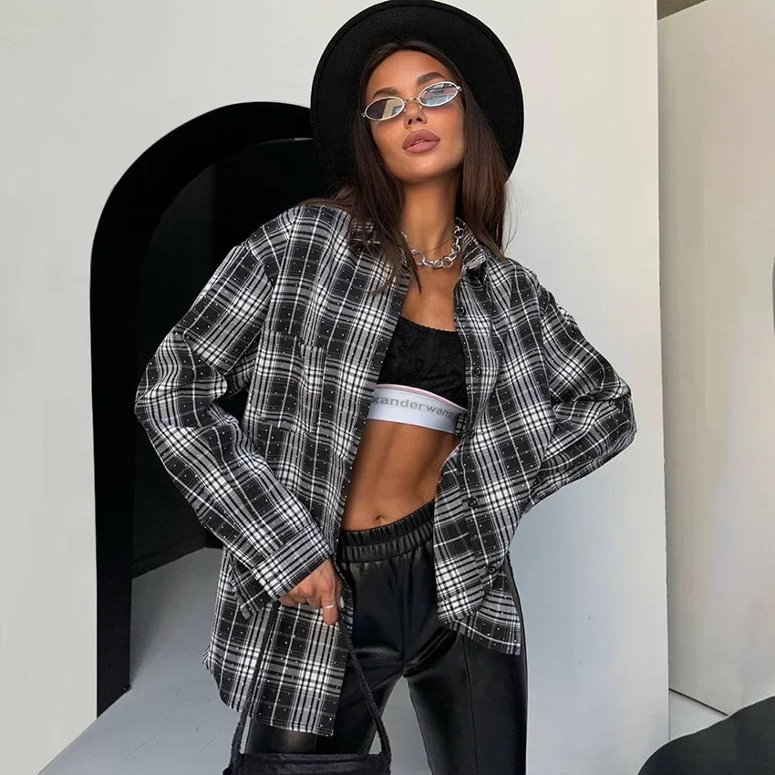 

Fashion Hot Diamond Loose Plaid Shirt Women's Oversize Retro Black And White Plaid Shirt Spring Street Style Women's Clothing