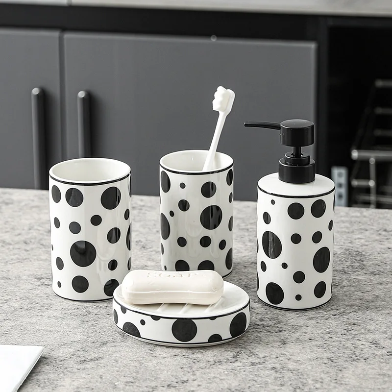 Polka Dot Ceramic Toiletry Set Lotion Bottle Rinse Cup Couples Toothbrush Holder Hotel Bathroom Accessories Pump Soap Dispenser