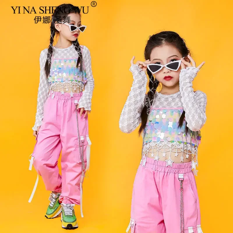 Vestito da ballo jazz per ragazze Costume hip-hop Vestito K-pop Crop Top Pantaloni cargo rosa Abbigliamento da ballo di strada moderno Set da performance per bambini