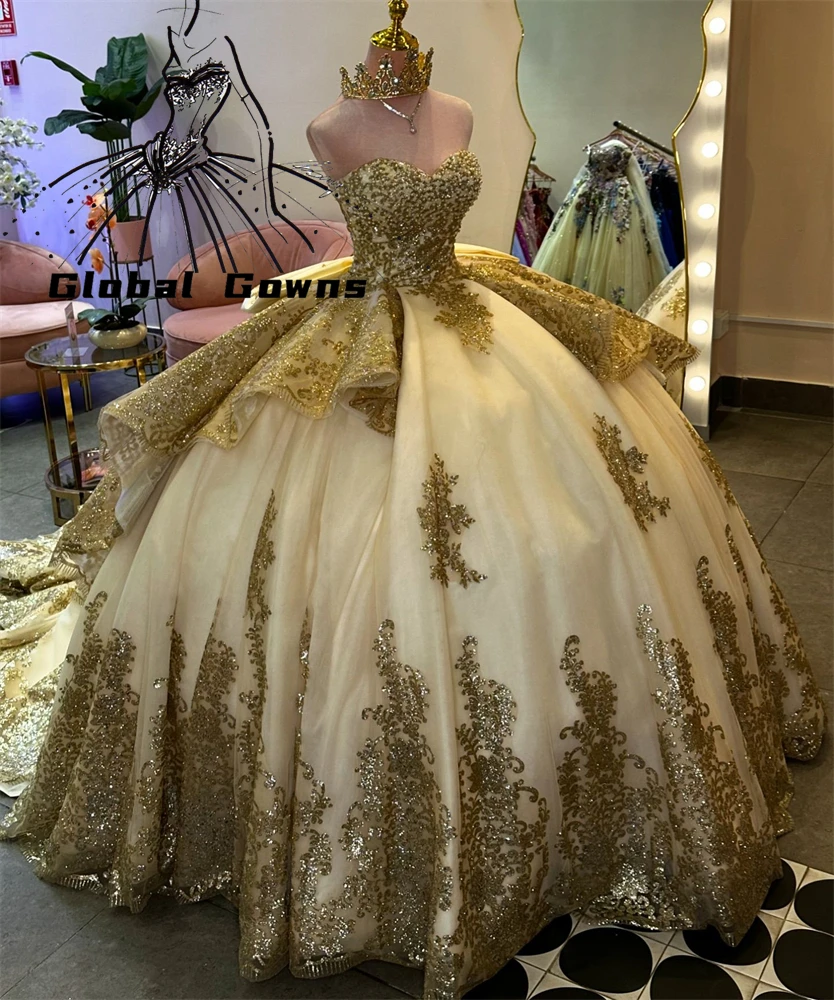 

Champagne Sequin Quinceanera Dresses Ball Gown Sweetheart Bead Appliques Luxury Dresses Women 2025 Bow Graduation Gown