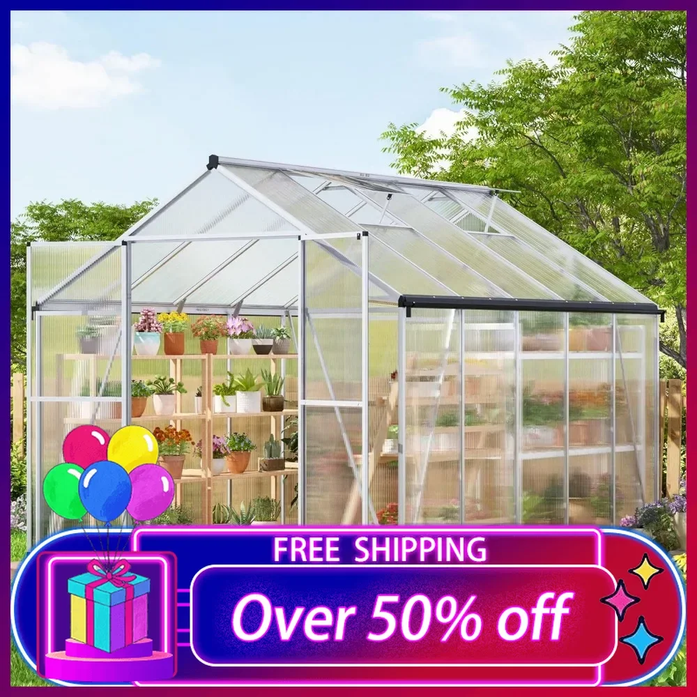 Polycarbonate Greenhouse with Quick Assembly Structure and Roof Vent, Large Aluminum Walk-in Greenhouse for Garden Backyard