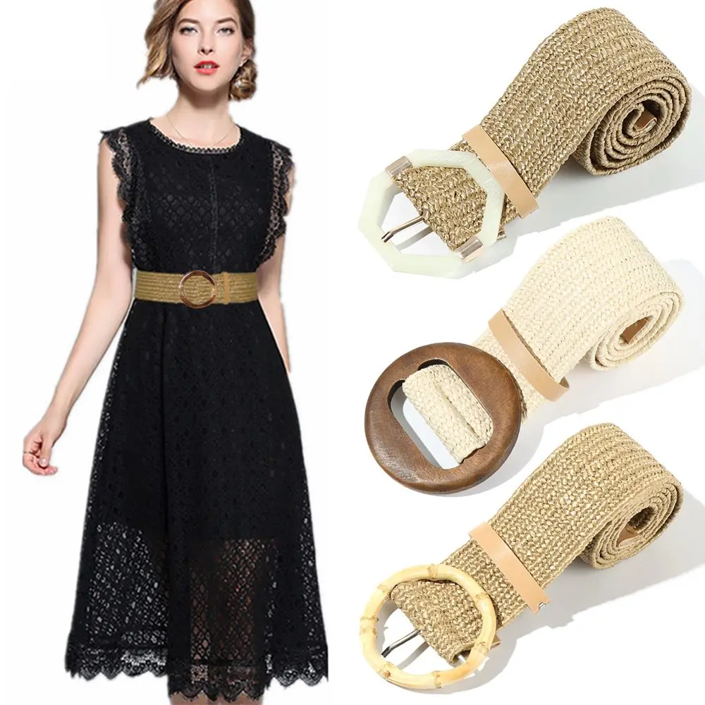 Women Bohemian Casual Braided Elastic Straw Belt Wooden Buckle Waistbelt