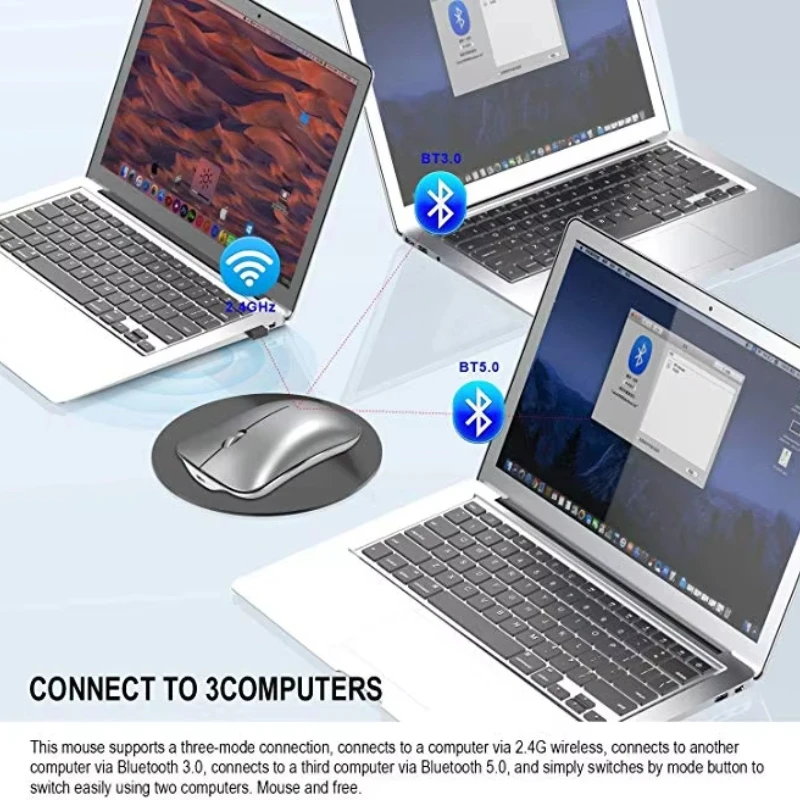 ماوس لاسلكي جديد 2.4G + بلوتوث 5.0 + 3.0 ماوس ثلاثي الوضع كتم قابل لإعادة الشحن ماوس ألعاب لاسلكي رفيع للغاية من الألمونيوم