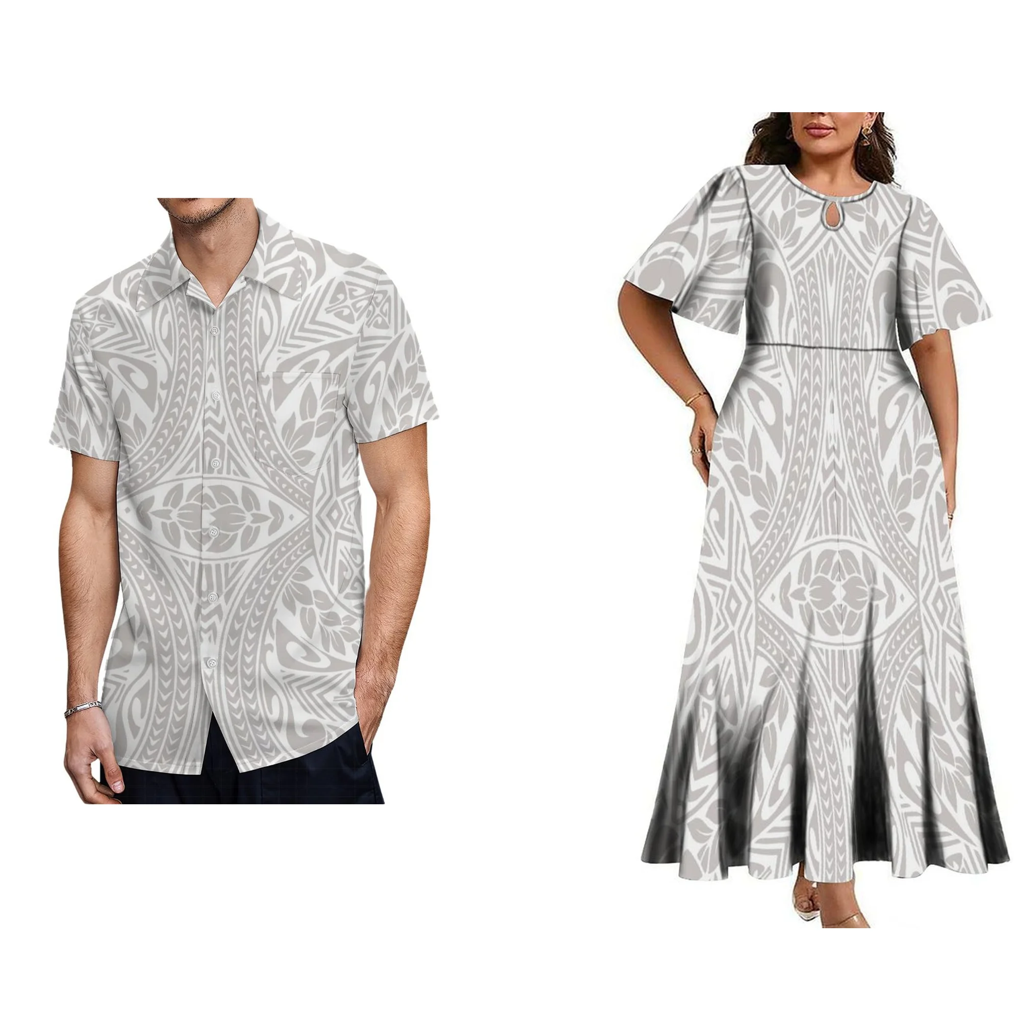 Wholesale Custom Polynesian Tribal Crew Neck Short Sleeve Maxi Ladies Dresses Women Elegant Plus Size Midi Pleated Samoan Dress