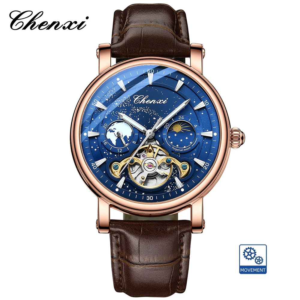 CHENXI Skeleton Tourbillon mechanische Uhren für Herren, vollautomatische leuchtende Mondphase-Chronograph-Herrenuhr 7