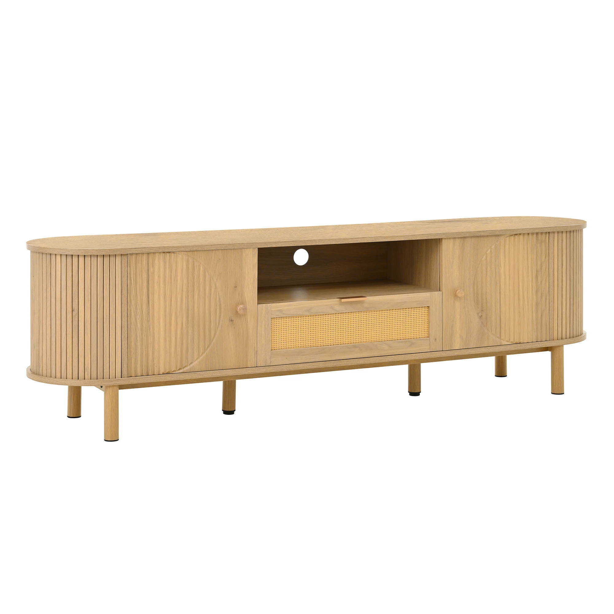 PINGGO Moderner TV-Schrank mit Rattanschublade, offenen Regalen, runder Tischplatte, Metallbeinen, Holzoptik, 175x36x41 cm – Detail 11
