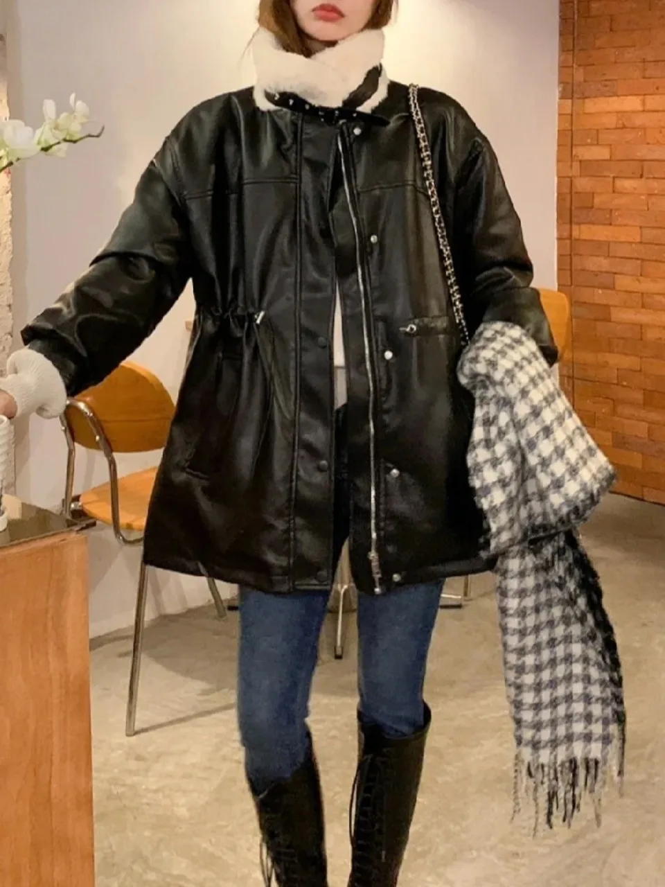 冬の新作 Dstring ウエストシェイプ ミドル丈 ティーンエイジ風 レザー風ジャケット レディース 香港風 スレ レトロ アウター
