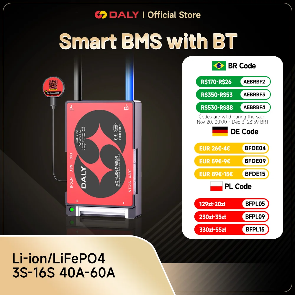 Daly Smart Lifepo4 BMS 4S 8S 16S 24S 12V 24V 48V Li-ion 10S 36V 13S 48V 20S 72V 40A 60A BMS per batteria al litio 18650