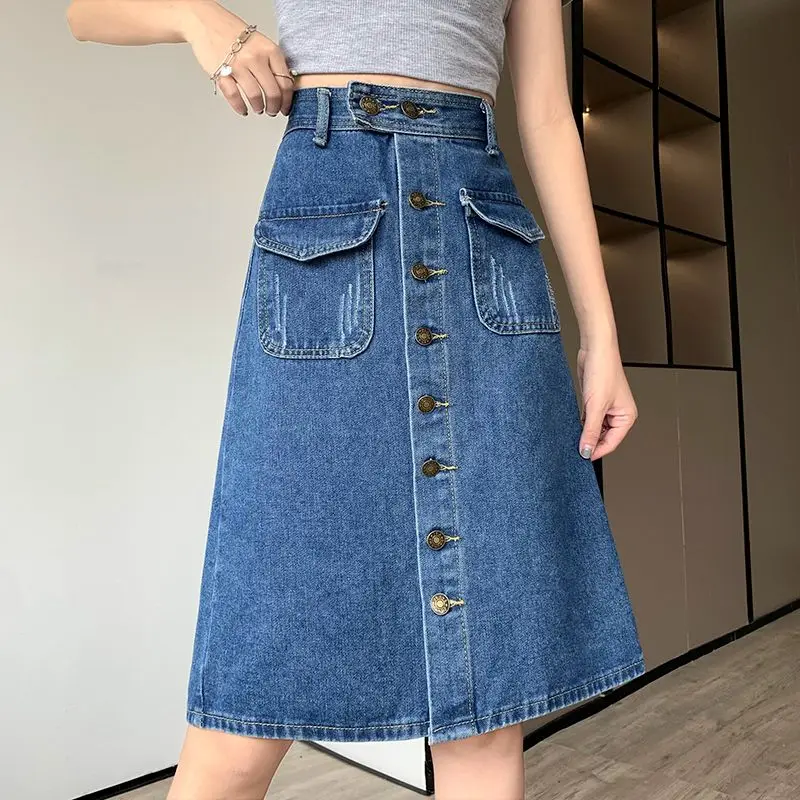 

Skirt New Elastic High Waisted A-line Classic Vintage Casual All-Match Streetwear Soft Denim Button Skirt Spring Summer