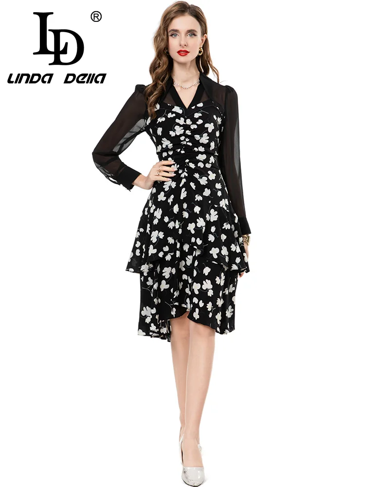 LD LINDA DELL ชุดเดรสผ้าชีฟองคอวีแขนยาว ผ้าบางเบา ใส่ทำงาน ใส่ลำลอง ใส่ไปงานปาร์ตี้ เอวสูง แฟชั่นทันสมัย