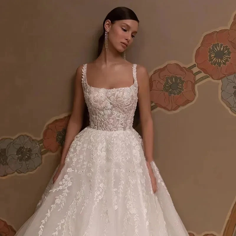 Classic Wedding Dresses A-Line Tulle Bridal Gowns Lace Appliques Square Collar Sleeveless Backless Robes 2023 Vestidos De Novia