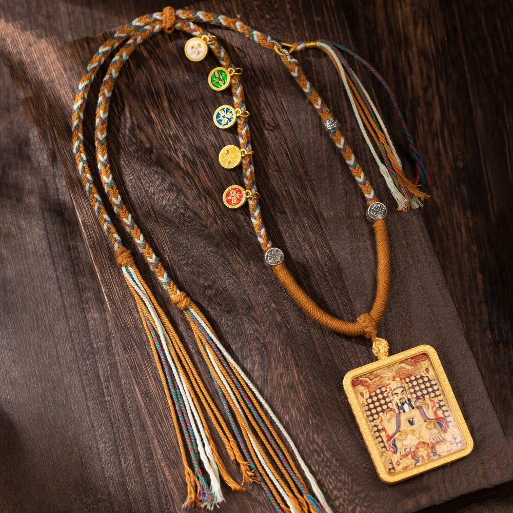Vintage Five Road God of Wealth Pendants Men's and Women's Tibetan Handmade Rope Necklace Buddha Tangka Pendant Talisman