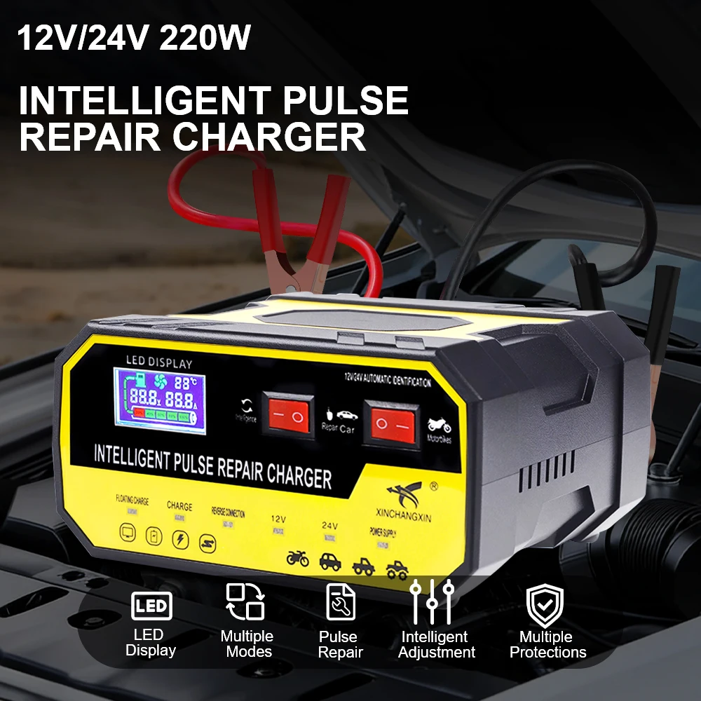 

12V 24V 8A Car Battery Charger Intelligent Pulse Repair Overvoltage Protection Automatic stop Voltage Temperature Detection