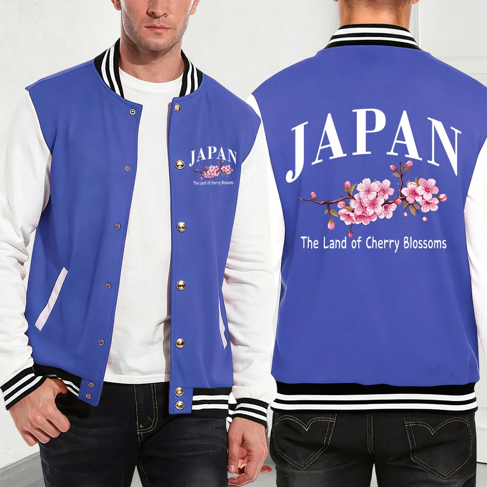 

Japan Land Of Cherry Blossoms Printed Men'S Jackets Cotton Basics Pocket Baseball Jersey Winter Fleece Warm Coats Trend Men Tops