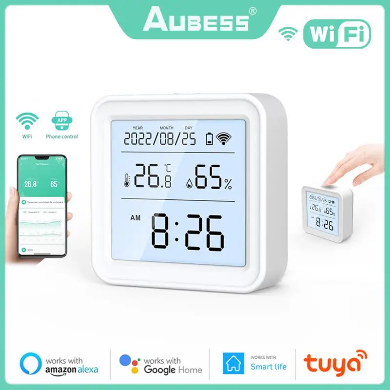 Sensor de Umidade de Temperatura Aubess Tuya WiFi Com Backlight Home Assistant Smart Home Funciona Com Alexa Google Home Smart Life