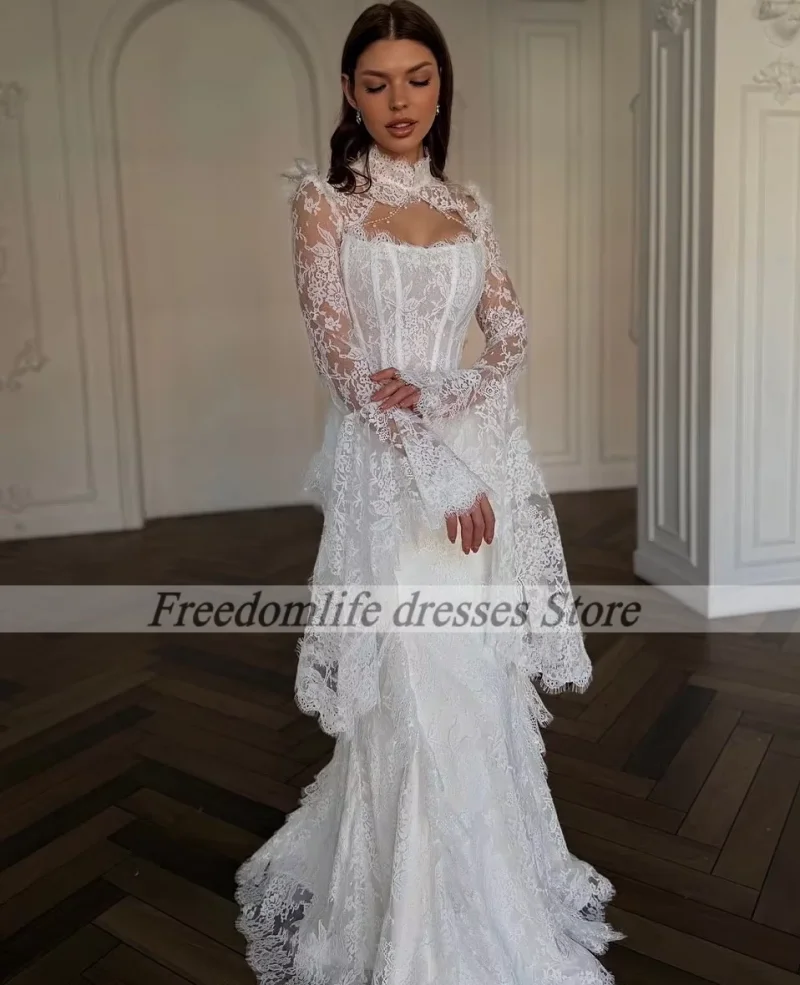 African Girls Wedding Dress Sequined Lace Applique Mermaid Long Sleeves Bridal Gowns Aso Ebi vestidos de novia Customized