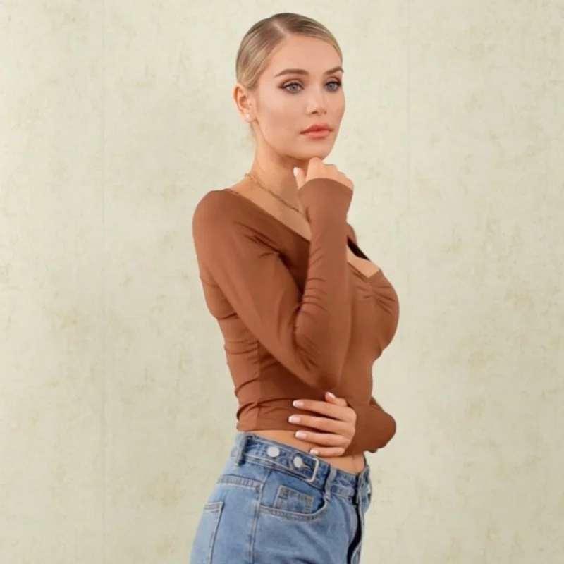 Spring Summer Crop Tops Women Solid Color Long Sleeve Low Cut Ruched Slim Fit T-shirts Ladies Casual Streetwear