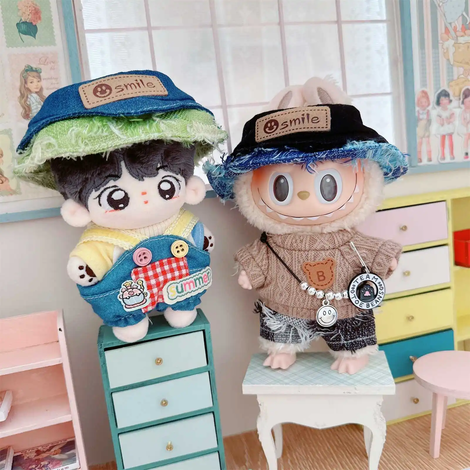 

10cm Cute Mini Plush Doll Clothes Kawaii Rompers T-shirt Denim Splicing Hat Idol Doll Changing Clothes Games for Girls Gifts