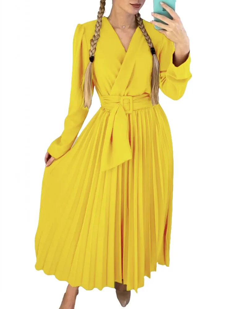 African Dresses For Women Autumn Fashion New V-neck Elegant High Waist Pleated Dress Nigeria African Clothes Robe Africaine