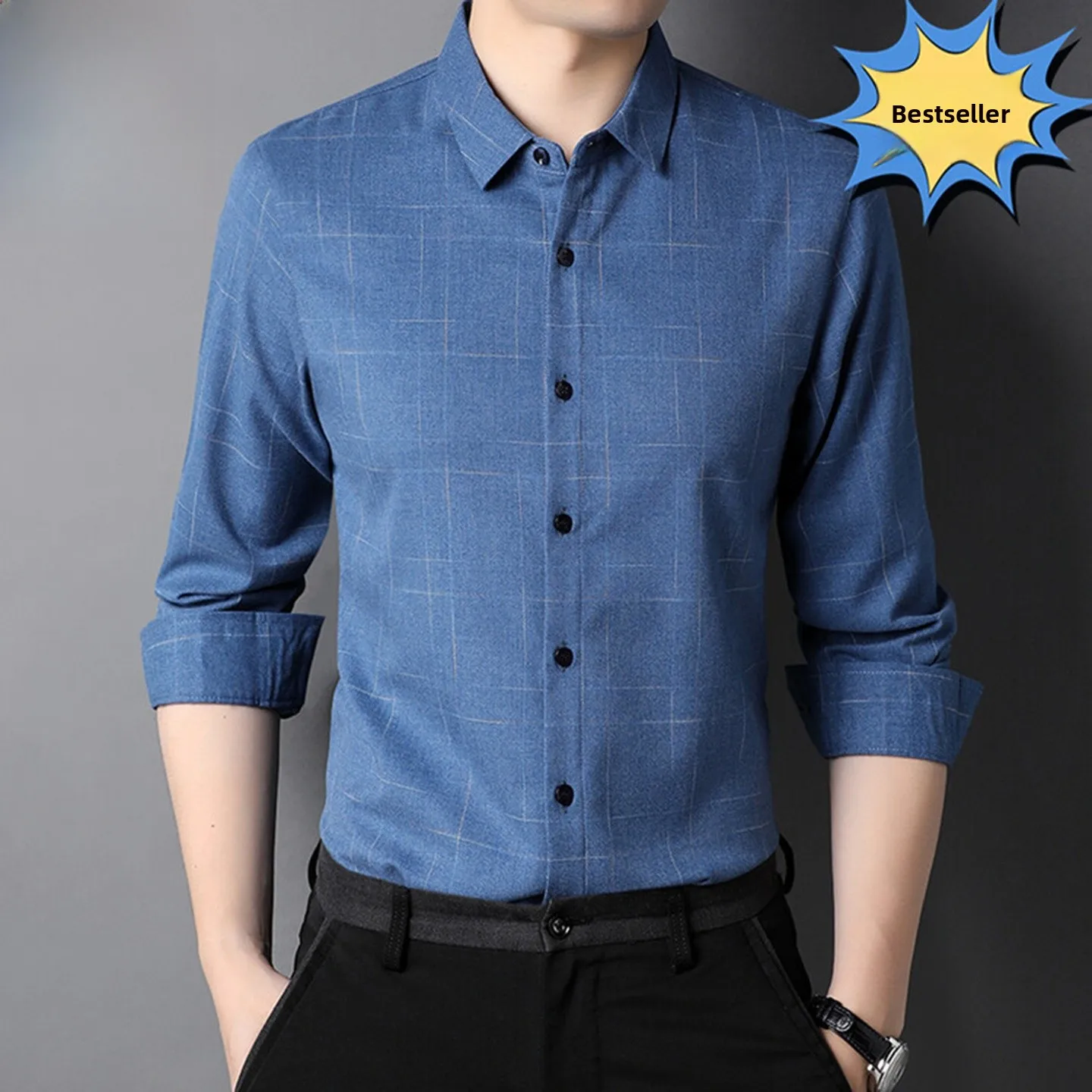 Chic Paul Long Sleeve Casual Shirt for Men Mid-Year Business Warm Plaid Shirt No Ironing Required Autumn Winter New Style Dad...