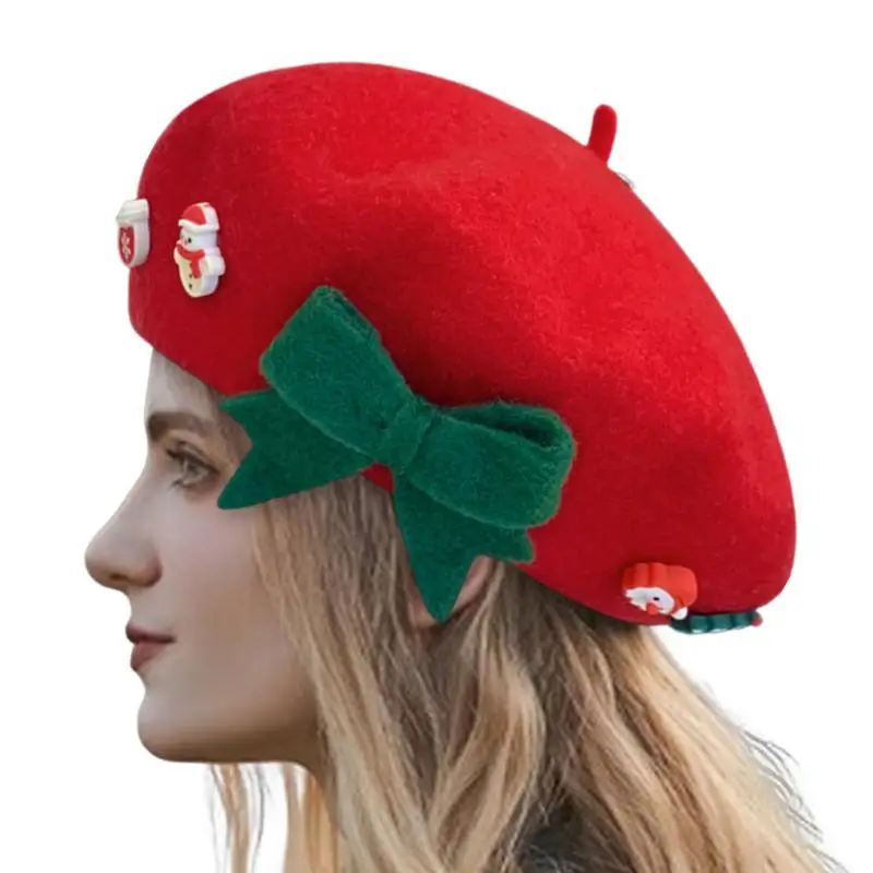 Christmas Bow Beret Women's Wool Warm Hat practical Christmas Gift fashionable artists Painters Hat trendy decor for females