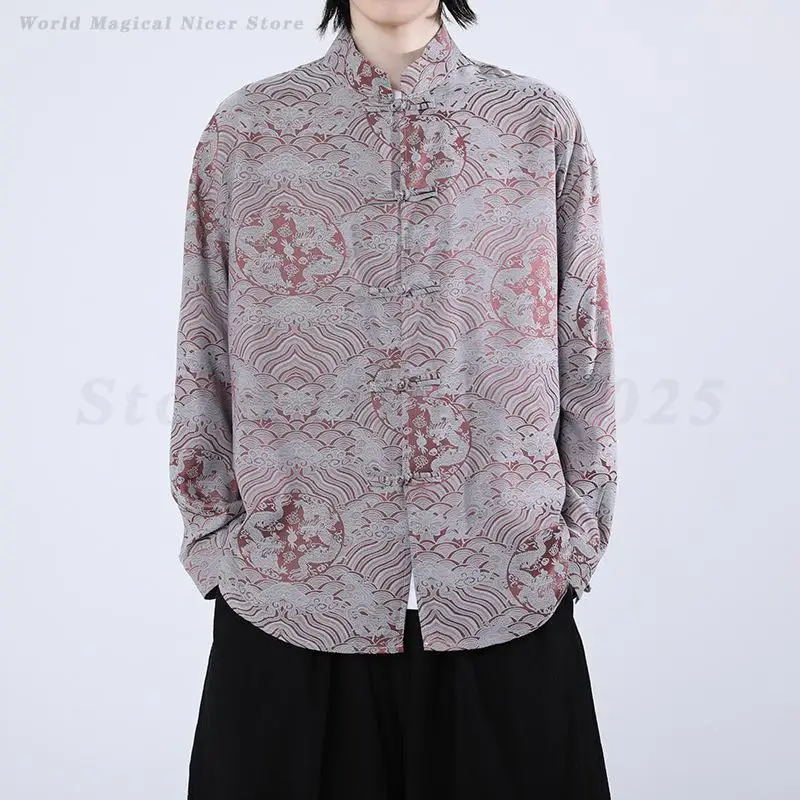 New Chinese Style Tang Suit Top Shirt Retro Jacquard Traditional Clothes Print Blouse Button Up Hanfu Autumn Loose Casual Coat
