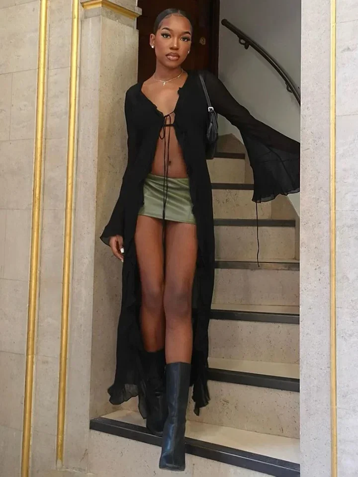 솔리드 드레스 여성 러플 레이스업 여름 트렌드 시스루 긴팔 딥 브이넥 스트리트웨어 Y2K 카디건 바디콘 클럽웨어