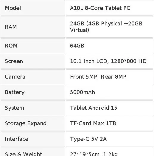 A10L Octa Core Android Tablet PC 10.1 Inch HD LCD Laptop Style Tablet Android 15 24GB(4+20 Virtual) RAM 64GB ROM 5000mAh Type‑C Complete Full Accessories Set Portable Tablet PC For Home Study Entertainment