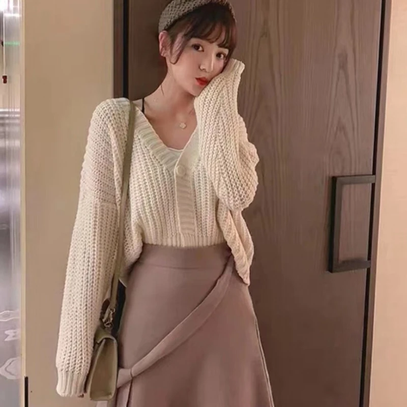 Fashion Autumn Elegant V-neck Women Knitwear Long Sleeve Cardigan Sweater Winter Warm Casual Loose Solid Color Knitted Top