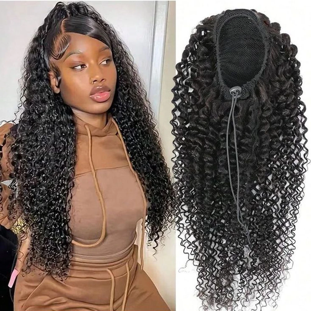 Afro Kinky Curly Drawstring Ponytail Human Hair Natural Ponytail Extension Wave 12A Brazilian Human Hair Ponytail Natural Color