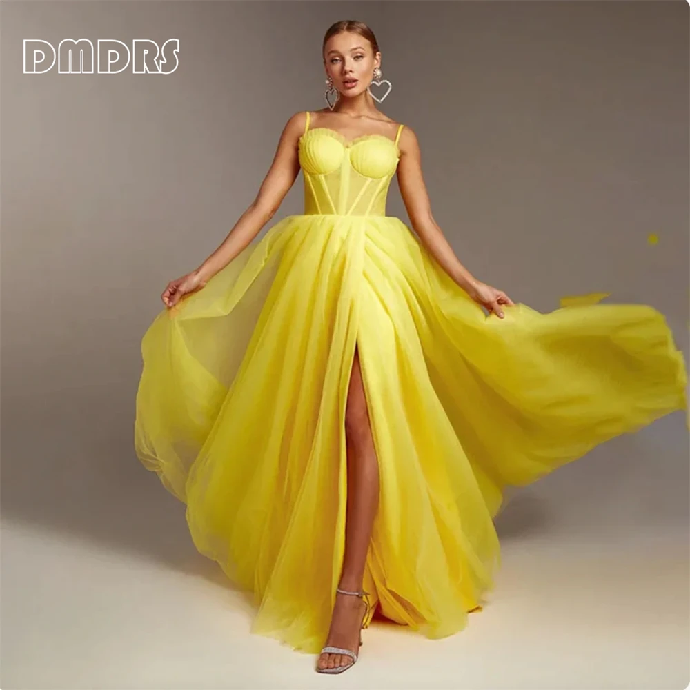 Robe de Soirée Longue en Tulle Jaune pour Femme, Corset, Fente Latérale, Formelle, Ligne A, Sur Mesure