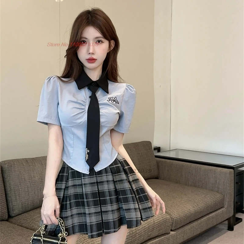 2025 short sleeve uniform set sweet girl's japanese and korean academy two piece set blue shirt +plaid skirt +bow set jk uniform