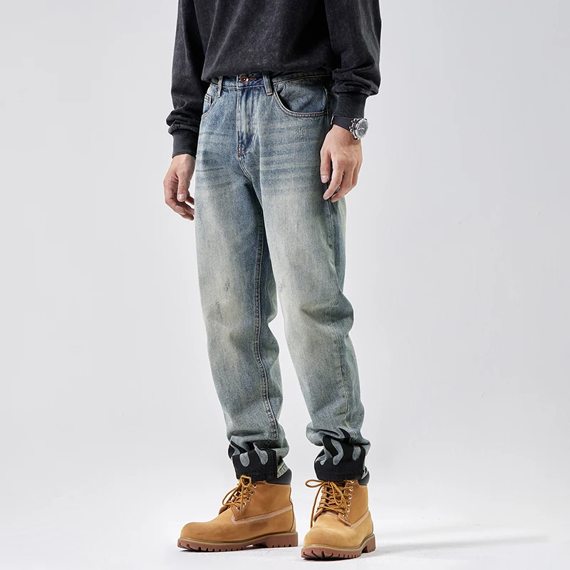 Jeans men's simple retro loose straight vintage autumn and winter fashion trend versatile personalized pants men jeans