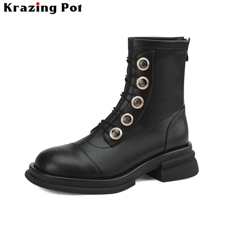 

Krazing Pot Cow Leather Back Zipper Platform Stretch Boots Med Heel Warm Winter Shoes Casual Brand Vintage Elegant Ankle Boots