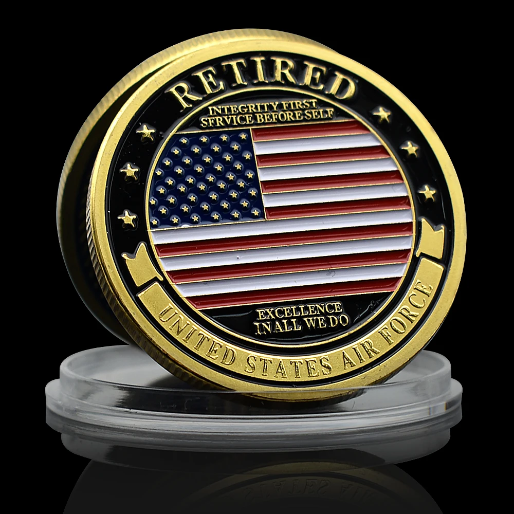 US Air Force Challenge Coin Retired American Flag Color Painting Commemorative Medal In Capsule Home Decoration