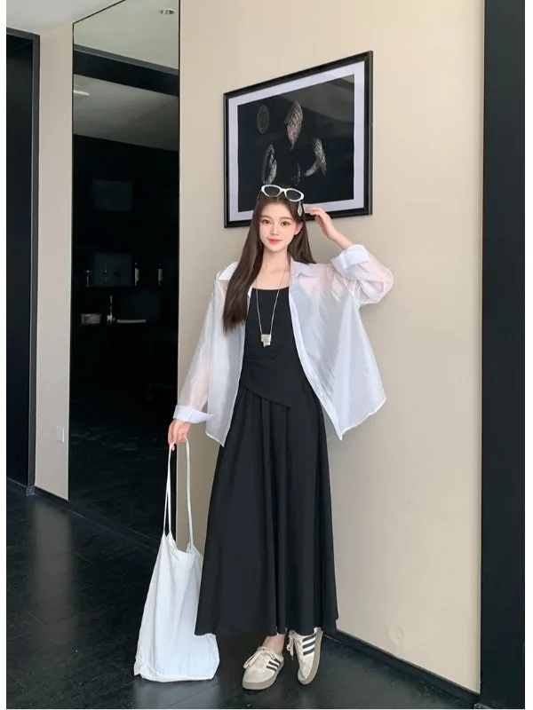 

plus Size Casual Set Summer New Lazy Style Lightweight Sun Protection Shirt Waist Inward Thin Dress Two-Piece Set High Waist