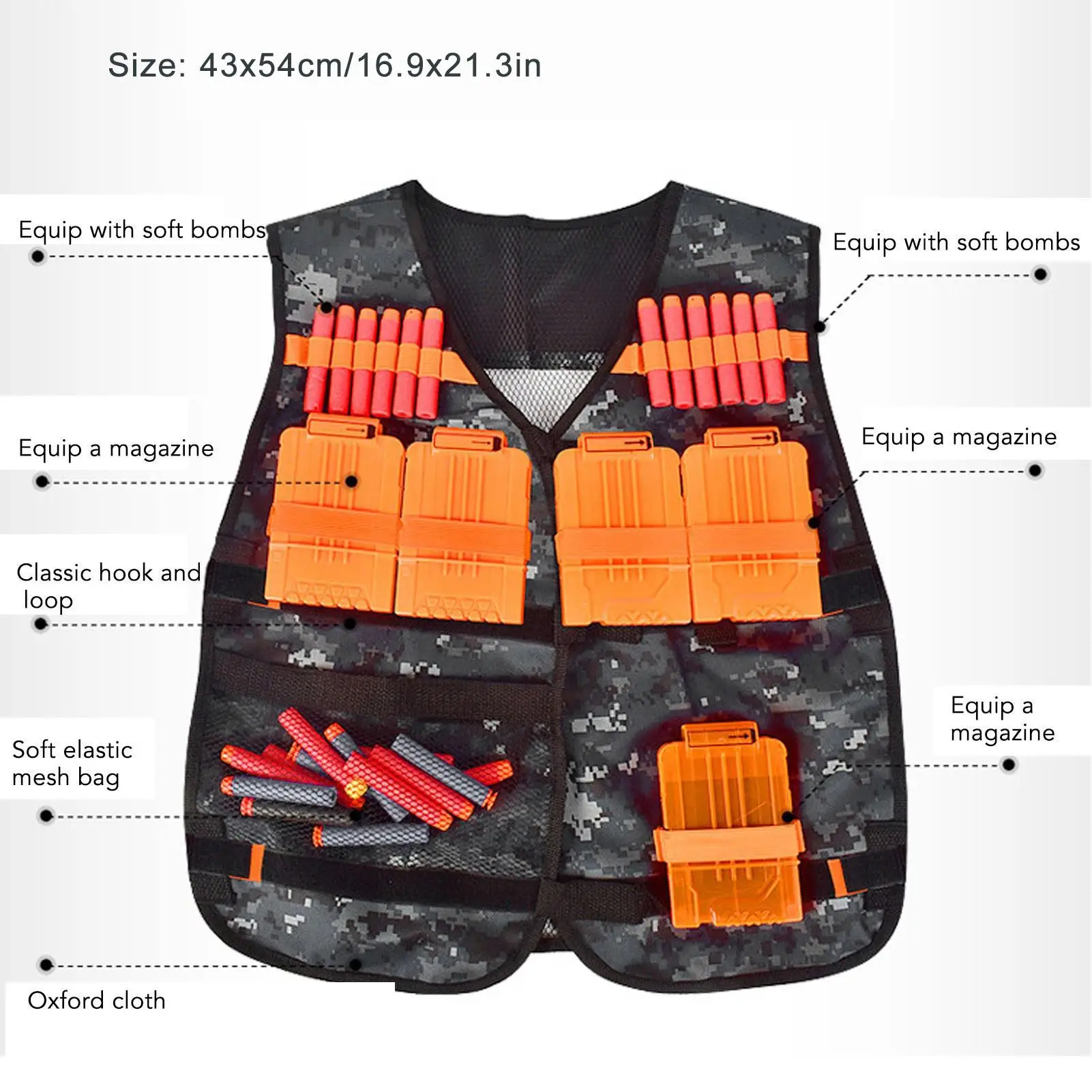 Adjustable Kids Game Vest - Oxford Cloth Toy Clip Waistcoat for outdoor Adventures, Camouflage Grey