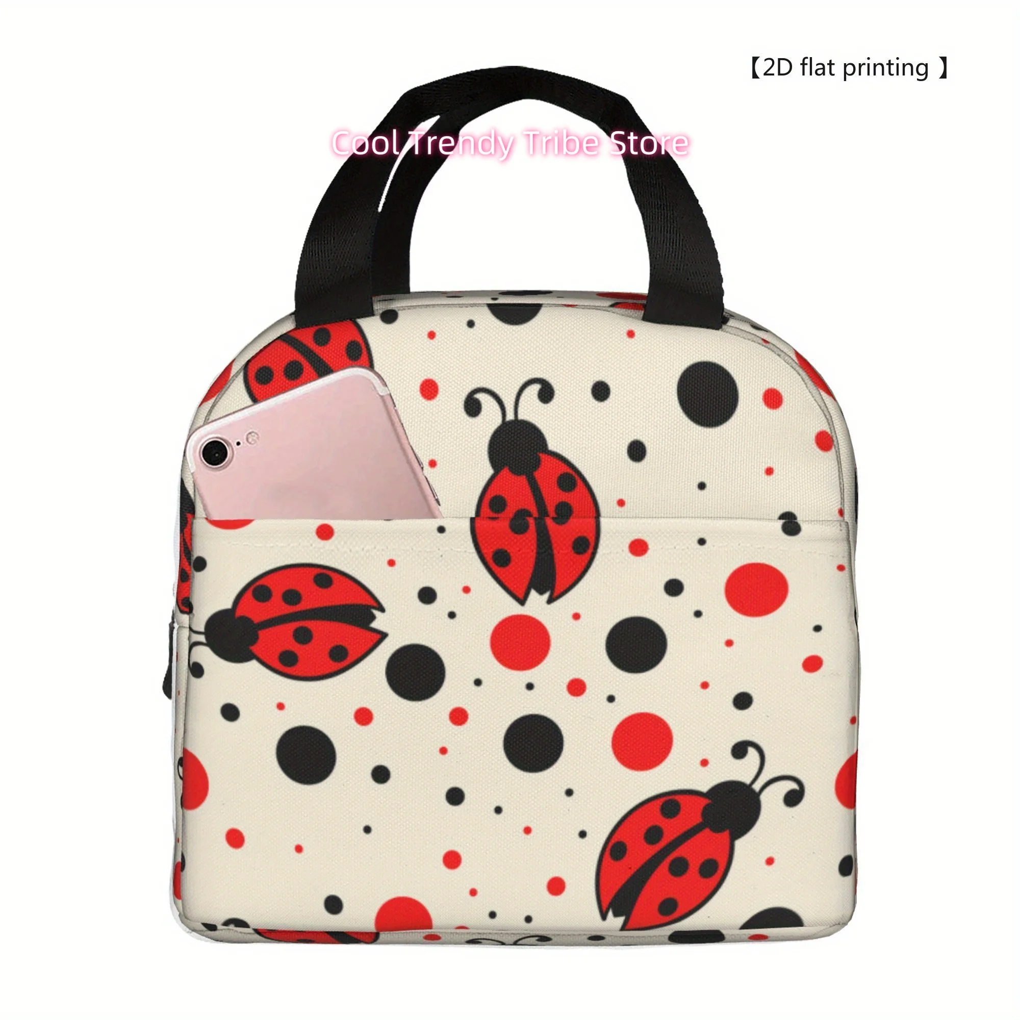 Non-Food Contact Reusable Ladybug Polka Dot Insulated Lunch Bag - Portable Cooler Tote for Work, School, Camping & Picnics - Dur