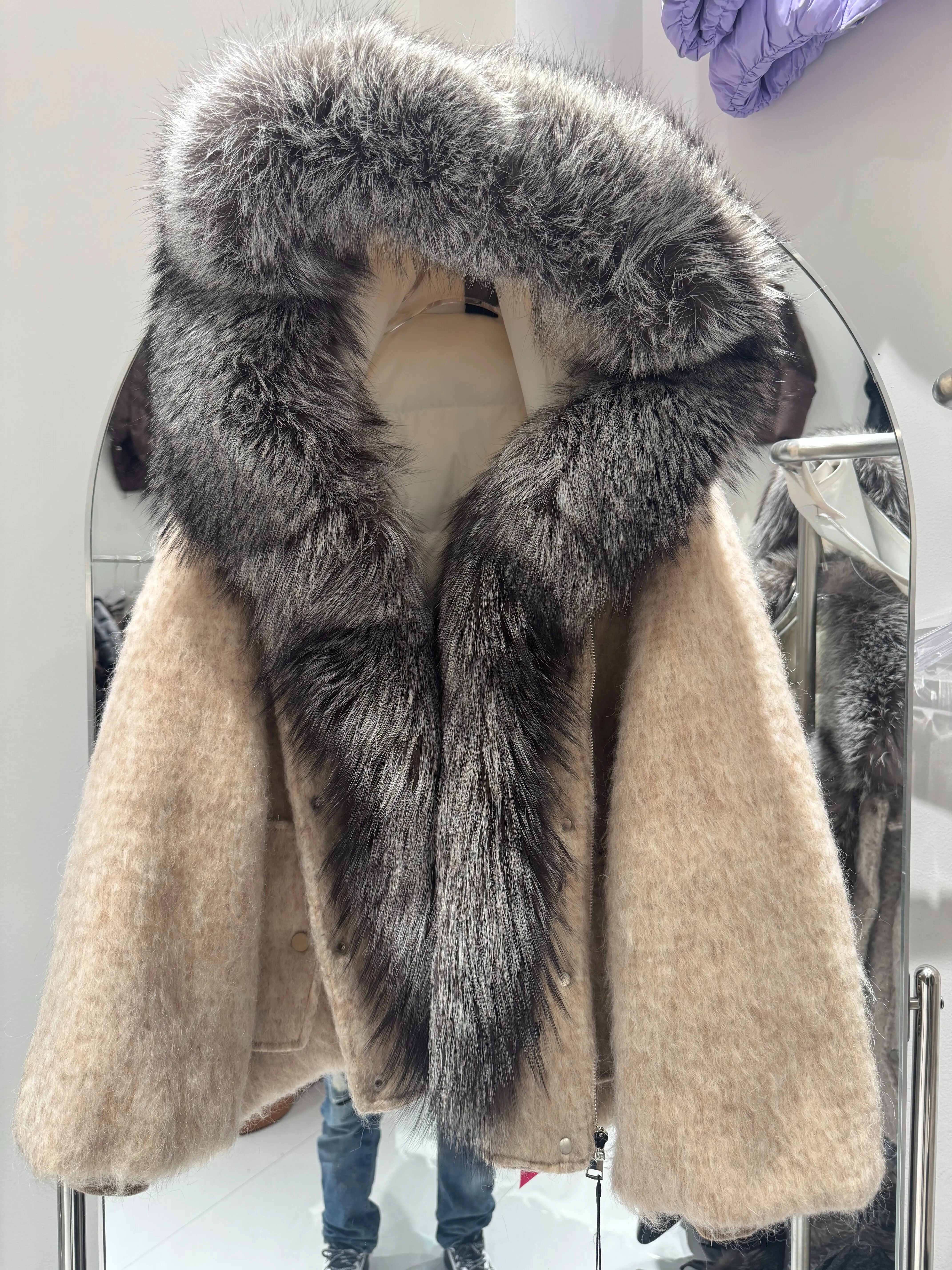 Hot Selling Fashion Warm White Duck Down Lined Down Jacket Women's Winter Thicken Wool Woolen CoatReal Fox Fur Collar Fur Coat