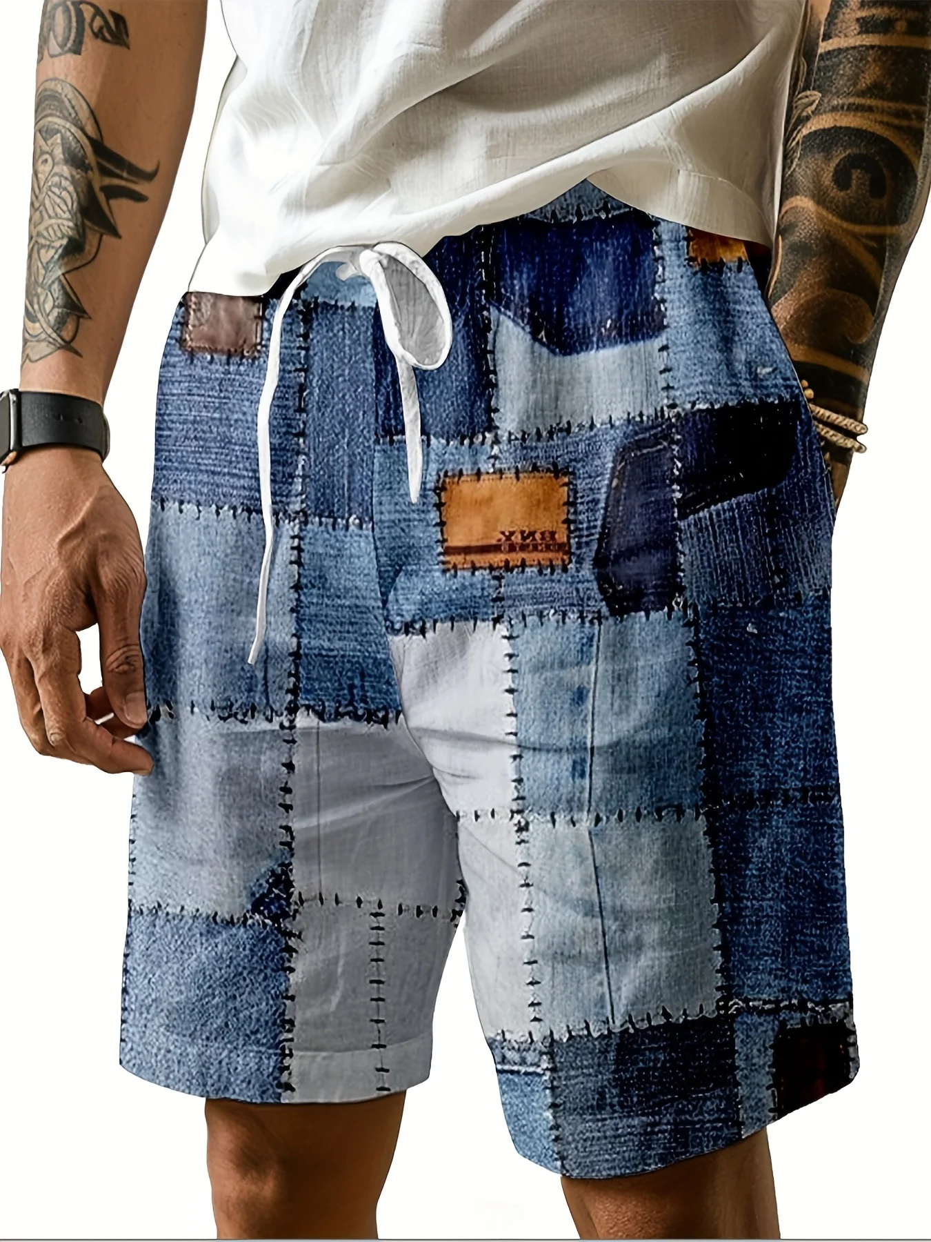 

Summer New Men's Shorts Color Blocked Printed Casual Outdoor Sports Quick Drying Beach Mesh Vacation Pocket Shorts