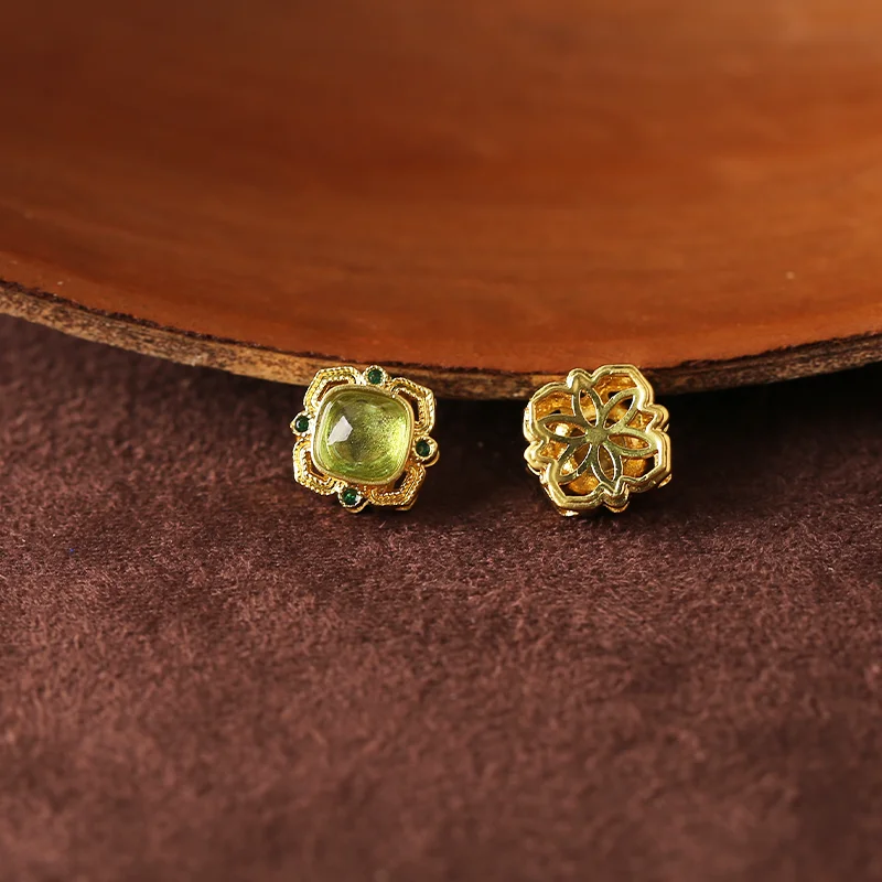 قطعتان من سحر خرز فاصل مجوف من العقيق الأخضر على شكل ألماس - إكسسوارات مجوهرات مطلية بالذهب