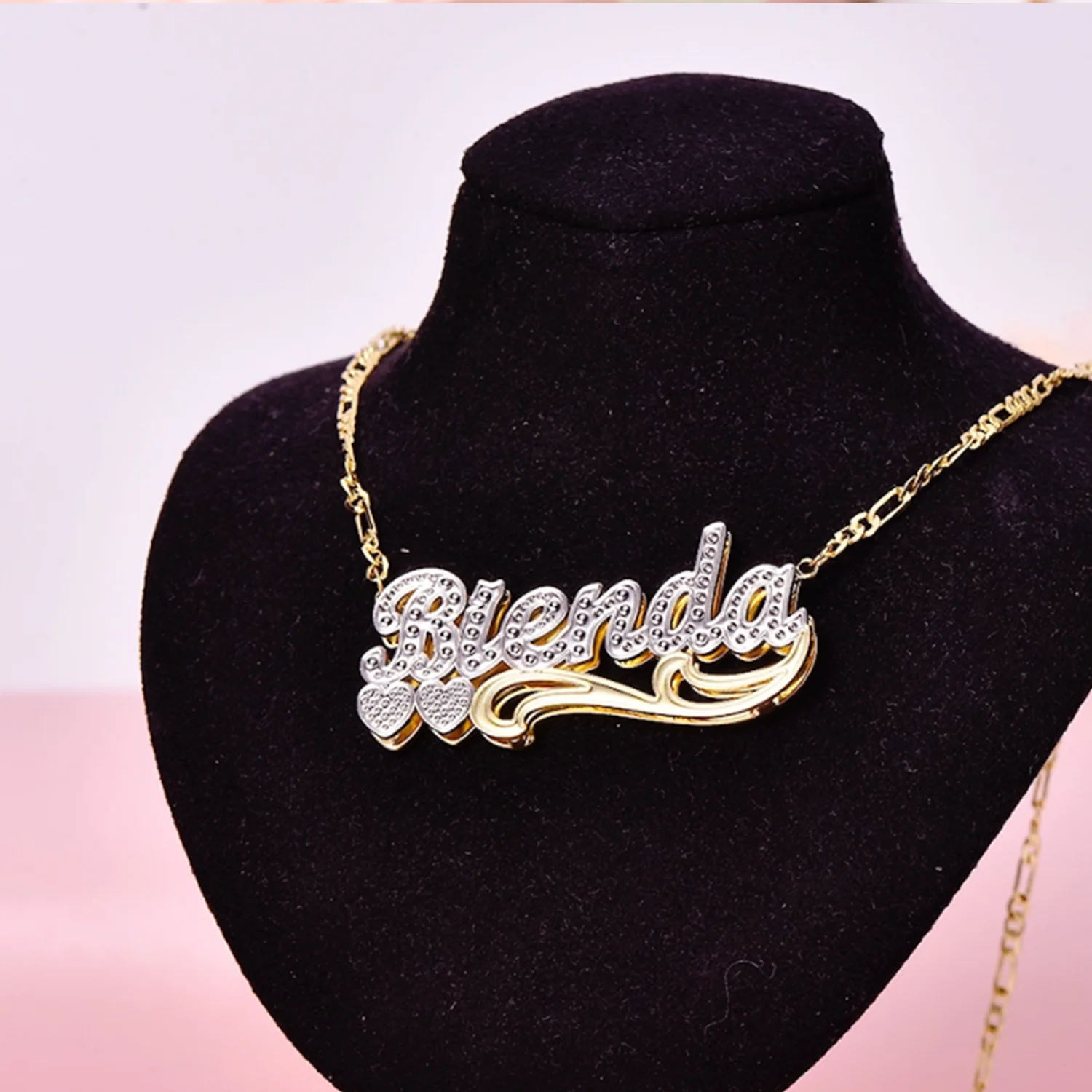 Zciti Custom Name Necklace 18K Gold Plated Double Layer Etched Letter Pendant Personalized Jewelry Gift for Women Girls Birthday