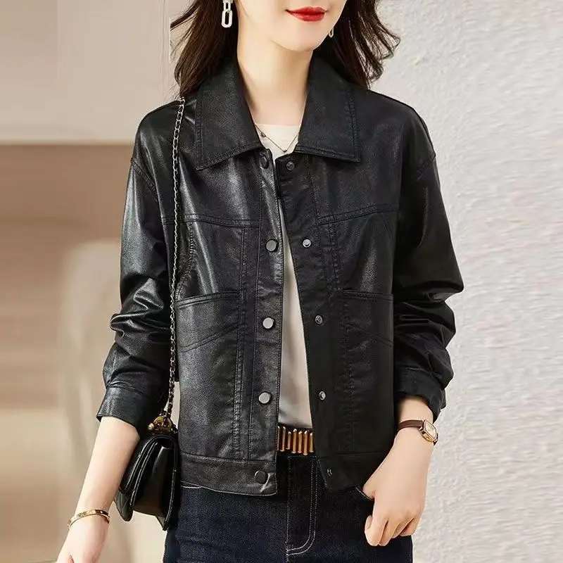 Women's New Faux Leather Jacket Lapel Collar Single Breasted Solid Color Long Sleeve Versatile Commuter Casual Daily Wear Jacket
