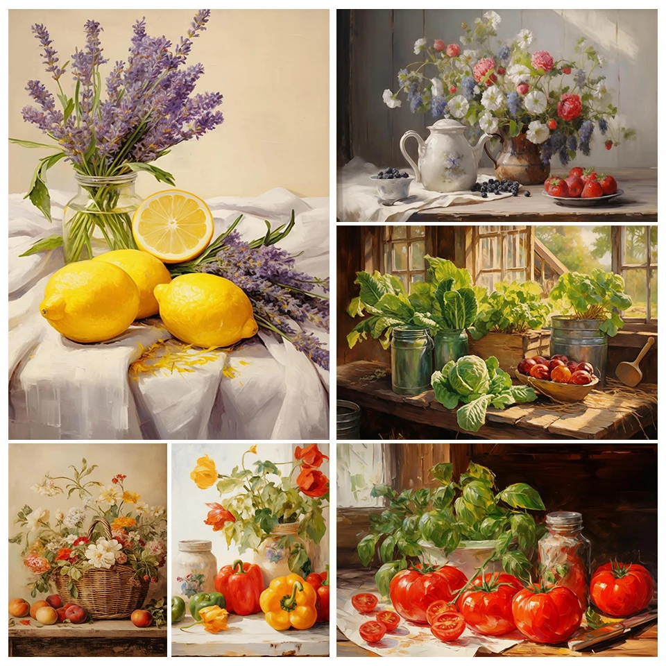 Vintage Vegetable Fall Fruits Posters Grape Cabbage Fruit Basket Prints Canvas Painting Wall Art Pictures Home Living Room De