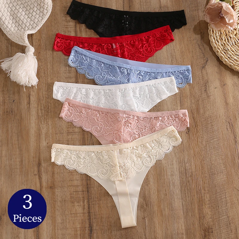 BZEL 3PCS/Set Women\'s Panties Sexy Lace Underwear Woman Hollow Out Thongs Lingerie Sweet Floral G-Strings Cozy Silk Satin T-Back