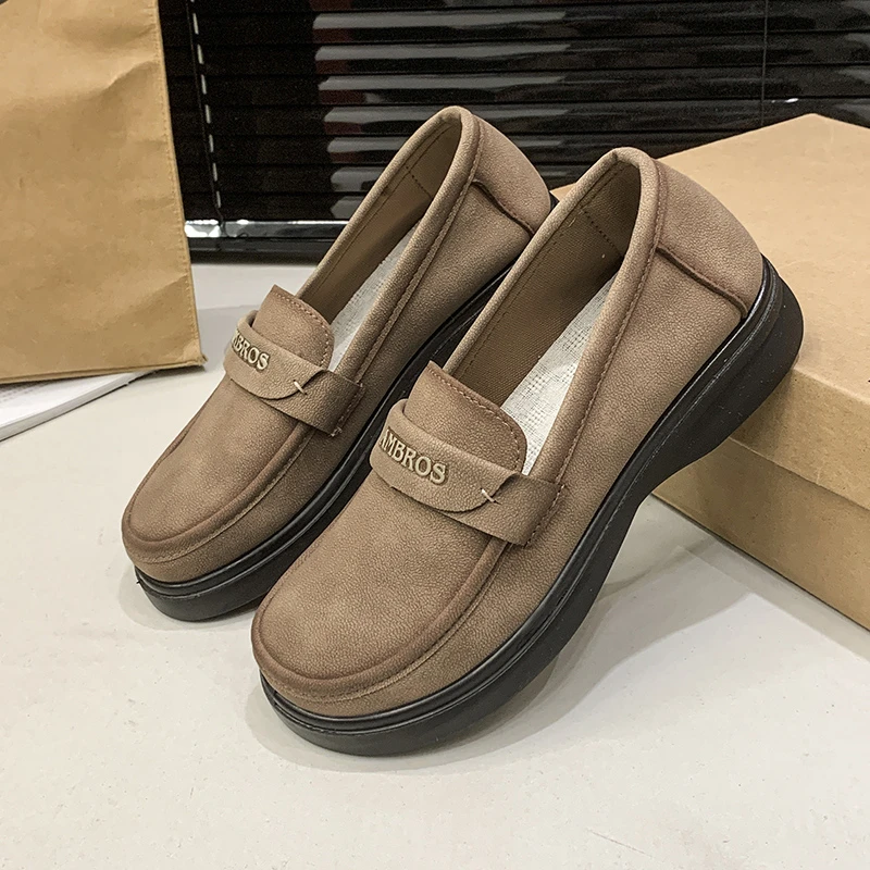 

2025 Newest Spring Cow Suede Round-Toe Thick Sole Woman Loafers Dress Shoes Mules Flats Oxfords Bota Feminina