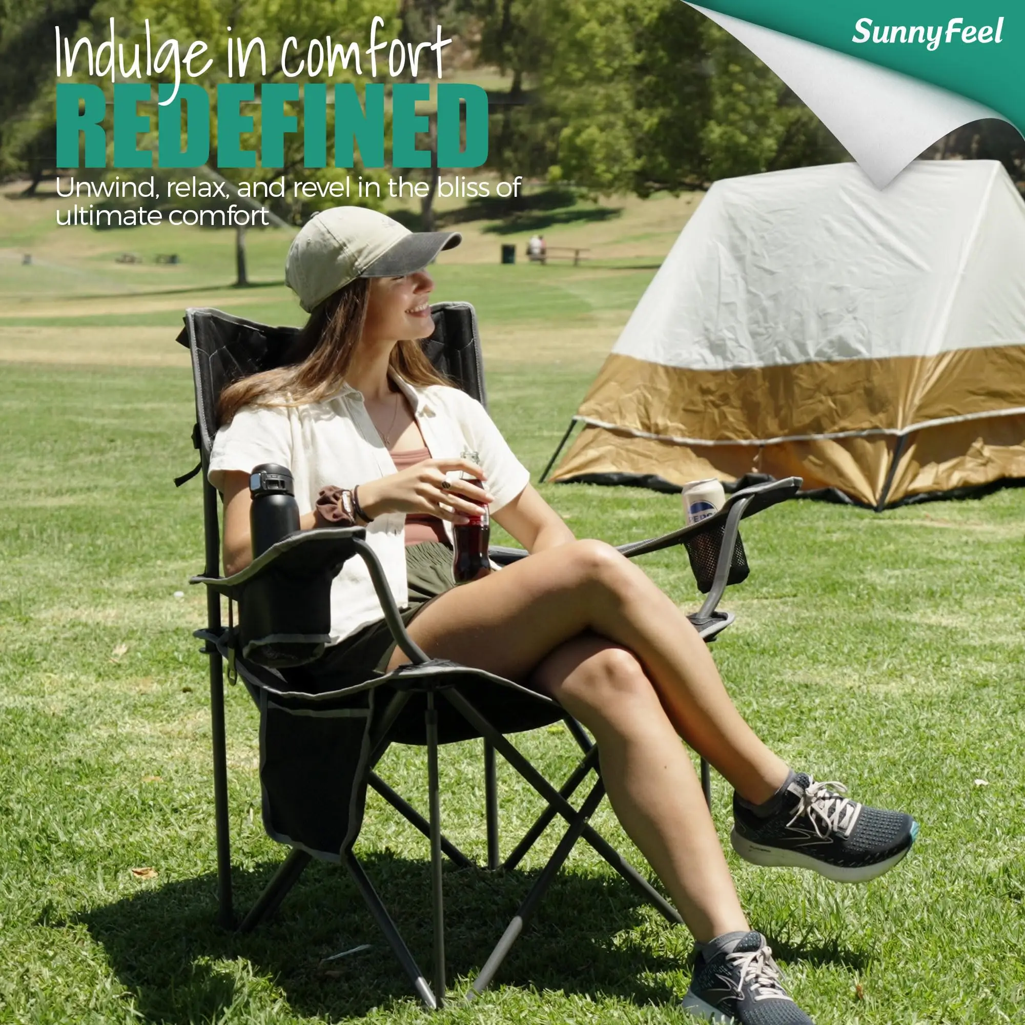 SUNNYFEEL XL Übergroßer Campingstuhl, gepolsterte Outdoor-Klapp-Rasenstühle mit Armlehne,