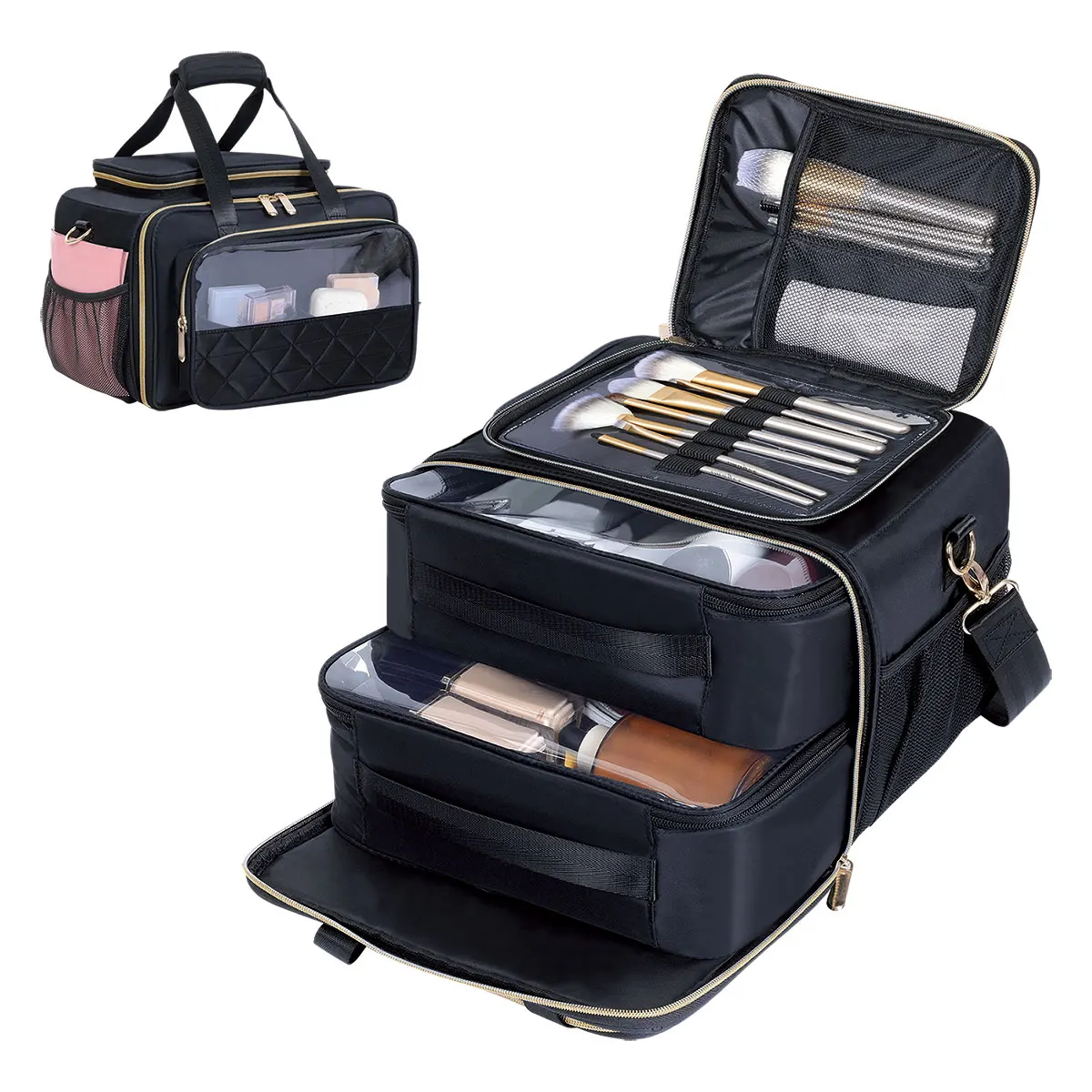 Large Makeup Bag for Women, Travel Toiletry Bag with Zipper Pouch, Wide-Open Design Multifunctional Compartments and Dividers, f