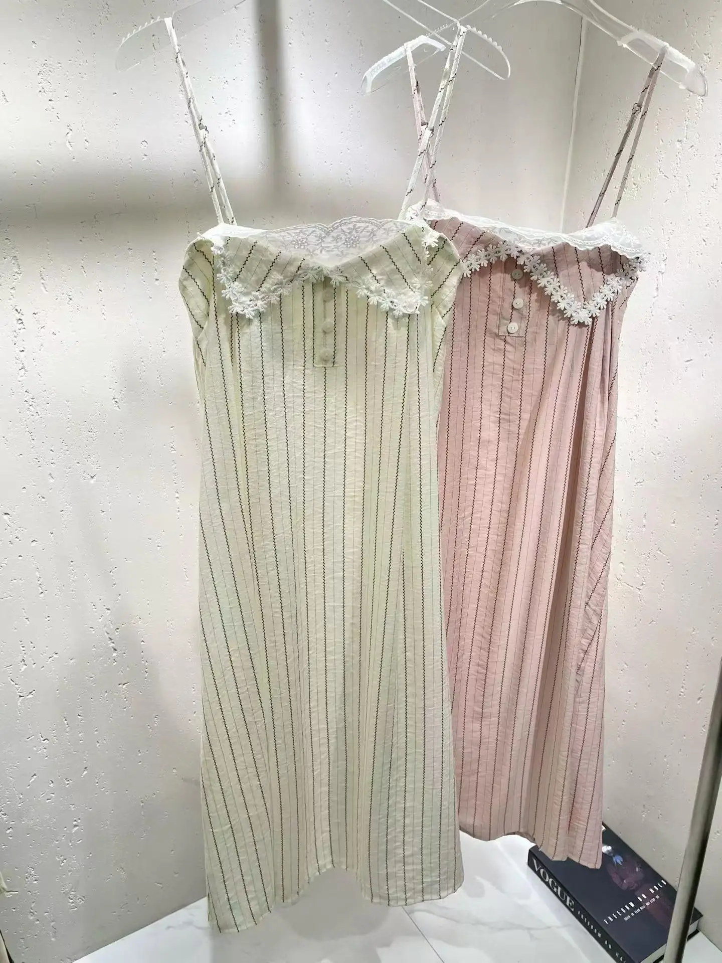 Crafted Women's Pink Vertical Striped Cami Nightdress Featuring Delicate White Lace Trimming Front Buttons Adjustable Straps New